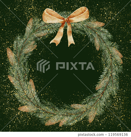 Christmas tree branches wreath with cones and golden ribbon. Watercolor illustration of Template with fir twigs for holiday greeting cards or party invitations on dark background. Round border. Christmas tree branches wreath with cones and golden ribbon. Watercolor illustration of Template with fir twigs for holiday greeting cards or party invitations on dark background. Round border. 119569136