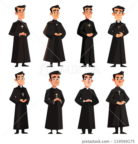 Priests characters. Christian church pastor, catholic priest holy father, cartoon vector illustration set 119569175