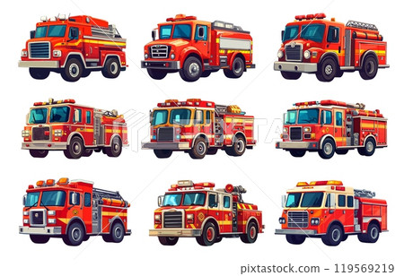 Fire engine. Red emergency vehicle, firefighters transport, alarm siren automobile, vector illustrations set 119569219