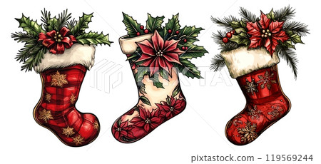Christmas stocking color sketch. Hanging santa stockings realistic vintage tattoo sketches, red socks with flower merry xmas happy new year celebrate drawing vector illustration 119569244