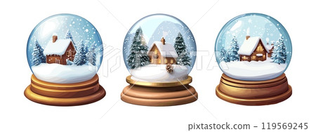 Christmas snowglobes. 3d realistic glass globe with snowflake and snow winter house with xmas trees inside sphere transparent ball magic bubble orb snowing dome vector illustration 119569245