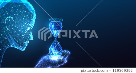 AI for time efficiency concept with robotic head holding hourglass on dark blue background. 119569392