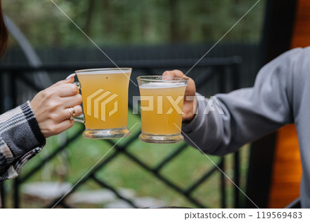 Two glasses of beer clinking in toast, symbolizing friendship and celebration in outdoor setting 119569483