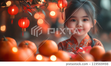 Joyful child with red envelopes celebrating Lunar New Year amidst glowing lanterns. AI Generative 119569498