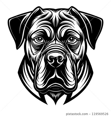 english mastiff dog head icon. Black and white logo, dog silhouette, engraving style. 119569526
