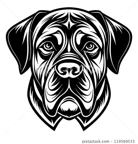 english mastiff dog head icon. Black and white logo, dog silhouette, engraving style. 119569533