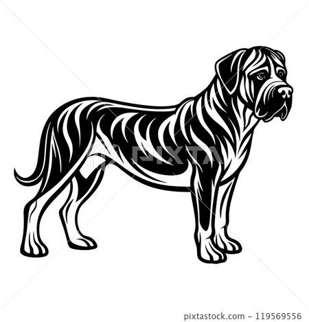 english mastiff dog full body icon. Black and white logo, dog silhouette, engraving style. 119569556