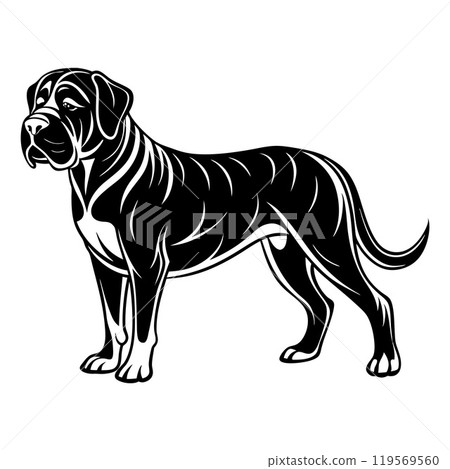 english mastiff dog full body icon. Black and white logo, dog silhouette, engraving style. 119569560