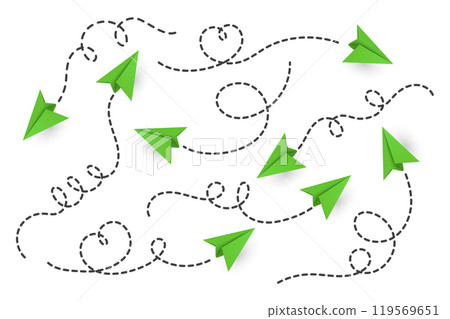 Vector Realistic Green Paper Planes Collection. Paper Plane Icon Set. Heart Shaped Flying Paper Plane with Dotted Air Route. Green Paper Planes with Dotted Route Line 119569651