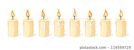 Flat Yellow Candle Icon Set. Steps of Burning Candle Fire Icons. Moving Flame Effect. Christmas Holiday Decoration. Candle Animation Design Elements in Cartoon Style. Isolated on White Background Flat Yellow Candle Icon Set. Steps of Burning Candle Fire Icons. Moving Flame Effect. Christmas Holiday Decoration. Candle Animation Design Elements in Cartoon Style. Isolated on White Background 119569729