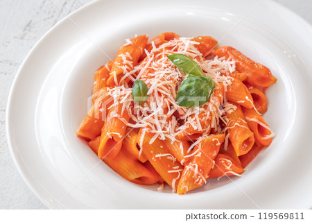 Pasta with bell pepper sauce 119569811