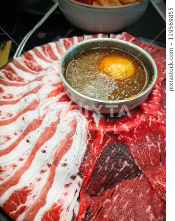 Beef shabu shabu or sukiyaki for Japanese food concept. Beef shabu shabu or sukiyaki for Japanese food concept. 119569855