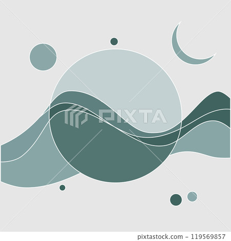 Abstraction with wavy lines and circles. Vector illustration with abstract circles and wavy lines in green and gray tones, creating a sense of movement and rhythm. Abstraction with wavy lines and circles. Vector illustration with abstract circles and wavy lines in green and gray tones, creating a sense of movement and rhythm. 119569857