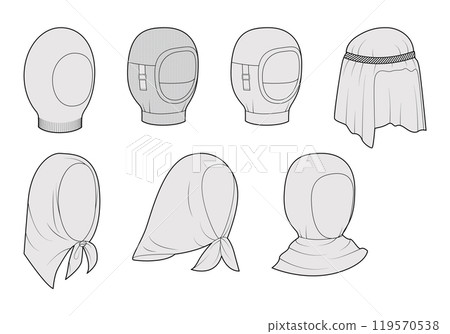 Set of full head and face Hats and Scarfs - Headscarf, Balaclava Keffiyeh Snood Hijab. Head Fashion accessory cap Set of full head and face Hats and Scarfs - Headscarf, Balaclava Keffiyeh Snood Hijab. Head Fashion accessory cap 119570538