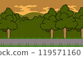 Illustration of a tree standing on a green hill in the setting sun 119571160