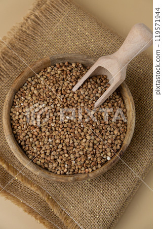 Raw buckwheat porridge in neutral beige background copy space. Whole spelt grain species. High protein fiber-rich vegan plant based food ingredient. Gluten free superfood healthy nutritional dietary 119571944