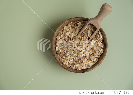 Raw oatmeal porridge Gluten free cereals. Health gut benefits. Concept of alternative whole spelt grain ingredient. Vegetarian diet recipes. Plant-based lifestyle. Copy space Protein rich 119571952
