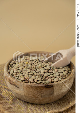 Green lentil in neutral beige background copy space.Whole spelt grain species. High protein fiber-rich vegan plant based food ingredient. Gluten free superfood healthy nutritional dietary alternative Green lentil in neutral beige background copy space.Whole spelt grain species. High protein fiber-rich vegan plant based food ingredient. Gluten free superfood healthy nutritional dietary alternative 119571984