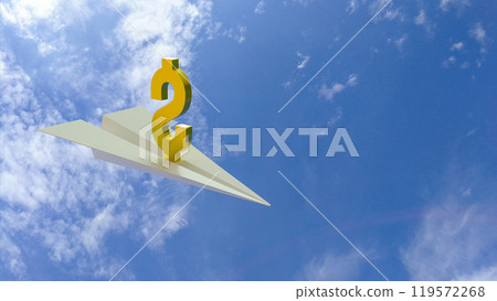 The Gold Dollar symbol  on  paper plane for Business concept 3d rendering. 119572268