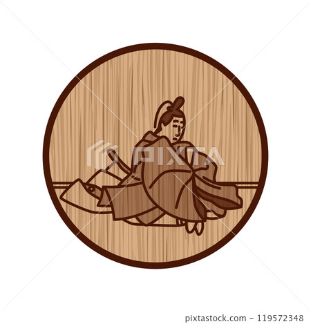 木雕簡單圓形百人一州進入法勝寺之前的前關白大乘大臣。 木雕簡單圓形百人一州進入法勝寺之前的前關白大乘大臣。 119572348