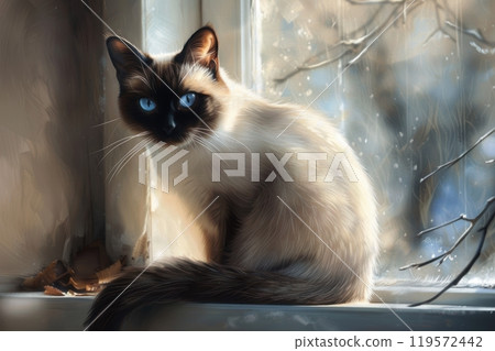 Elegant Siamese Cat on Sunlit Windowsill for Home Decor and Pet-Themed Art 119572442