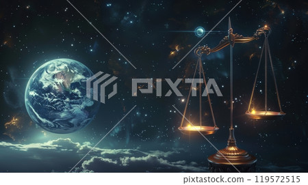 Global Business Balance: Scales of Corporate and Planetary Priorities in Space Concept Art Global Business Balance: Scales of Corporate and Planetary Priorities in Space Concept Art 119572515