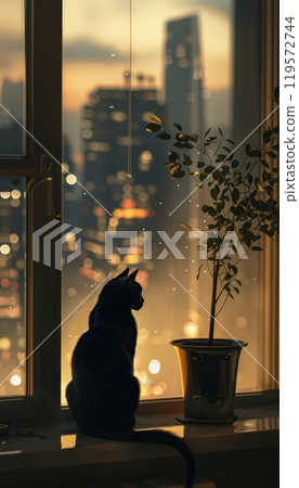 Sophisticated Black Cat on Urban Windowsill at Twilight for Tranquil Interiors 119572744