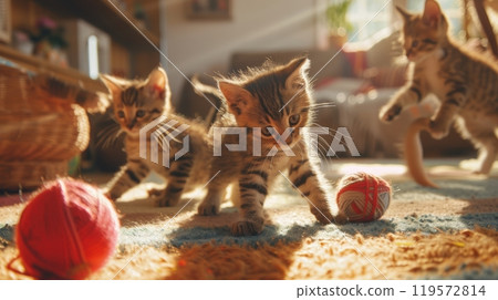 Adorable Kittens Play with Yarn in Sunlit Living Room - Perfect for Pet Adoption Promotion Adorable Kittens Play with Yarn in Sunlit Living Room - Perfect for Pet Adoption Promotion 119572814