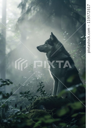 Norwegian Elkhound in Misty Forest: A Majestic Canine Portrait for Nature-Themed Art Norwegian Elkhound in Misty Forest: A Majestic Canine Portrait for Nature-Themed Art 119572817