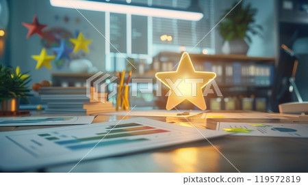 Glowing Star Symbolizing Goal Setting in Modern Business Office Environment with Graphs Glowing Star Symbolizing Goal Setting in Modern Business Office Environment with Graphs 119572819