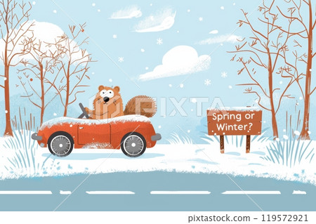 Groundhog Driving Convertible in Snowy Landscape - Spring or Winter Decision Groundhog Driving Convertible in Snowy Landscape - Spring or Winter Decision 119572921