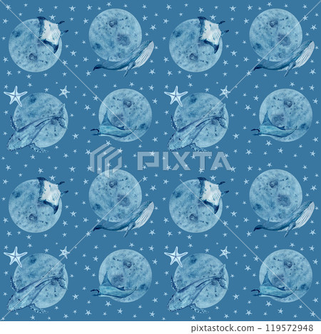 Moon and manta ray, starfish, blue whale seamless pattern on blue background. High quality hand-drawn blue monochromatic watercolor for textile, wrapping paper, posters, cards, souvenirs design Moon and manta ray, starfish, blue whale seamless pattern on blue background. High quality hand-drawn blue monochromatic watercolor for textile, wrapping paper, posters, cards, souvenirs design 119572948