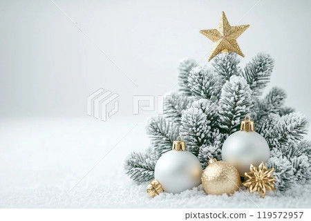 Christmas or New Year layout with white snowy Christmas tree and golden Christmas decoration. Bright Holiday background 119572957