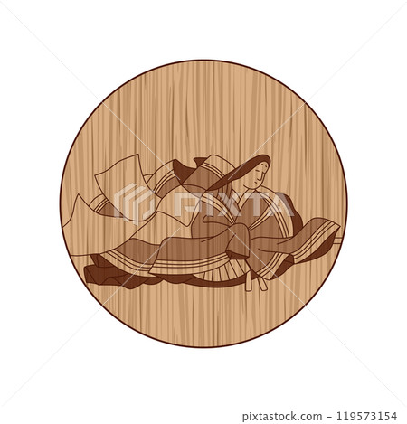 Circular wood carving of Hyakunin Isshu poems from Nijo-in Sanuki 119573154