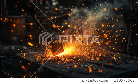 A blacksmith hitting hot iron with a hammer 119573502