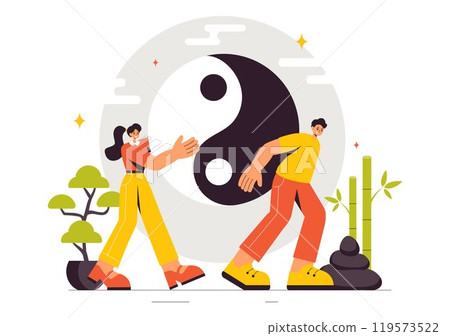Feng Shui Oriental Philosophy Vector Illustration Featuring Stones and Plants for the Positive Energy of the Five Elements and the Balance of Yin Yang 119573522
