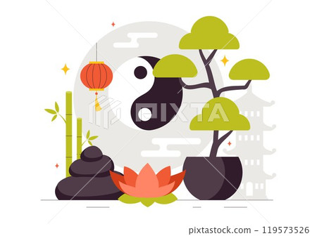 Feng Shui Oriental Philosophy Vector Illustration Featuring Stones and Plants for the Positive Energy of the Five Elements and the Balance of Yin Yang Feng Shui Oriental Philosophy Vector Illustration Featuring Stones and Plants for the Positive Energy of the Five Elements and the Balance of Yin Yang 119573526