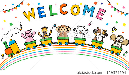 Message frame 3C with cute animals on a train Message frame 3C with cute animals on a train 119574394