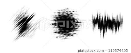 Glitch halftone line element set. Dotted texture geometric form collection. Grunge jagged comic pop art shapes for banner, poster, collage, overlay, label, box, blot. Distressed vector bundle 119574495