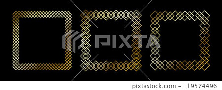 Gold thin frames set. Golden square borders in art deco style. Thin linear radiance rectangular element collection. Luxury shiny glowing boarder pack. Vector bundle for photo, cadre, poster, card 119574496