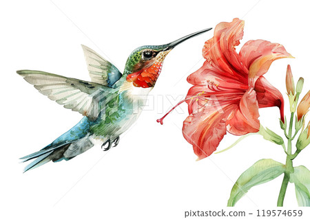 Watercolor painting of a vibrant hummingbird hovering near a blooming red hibiscus flower, showcasing delicate wings and vivid nature details. Bird, Wildlife Animals. Watercolor painting of a vibrant hummingbird hovering near a blooming red hibiscus flower, showcasing delicate wings and vivid nature details. Bird, Wildlife Animals. 119574659