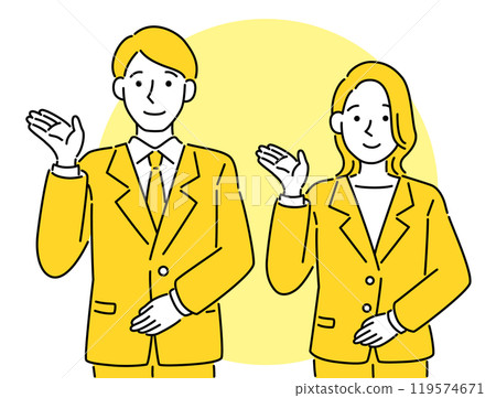 Men and women in business suits in guide poses - simple and pop vector illustration Men and women in business suits in guide poses - simple and pop vector illustration 119574671