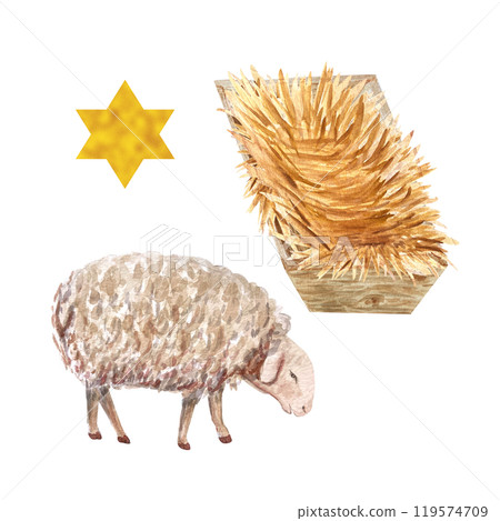 Wooden manger, sheep and a star watercolor set isolated on white. Hand painted perfect for cards, stickers, celebration of true Christmas, decoration design. Christian tradition clipart Wooden manger, sheep and a star watercolor set isolated on white. Hand painted perfect for cards, stickers, celebration of true Christmas, decoration design. Christian tradition clipart 119574709
