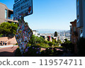 Lombard Street and its sticker-covered sign (San Francisco, USA) 119574711
