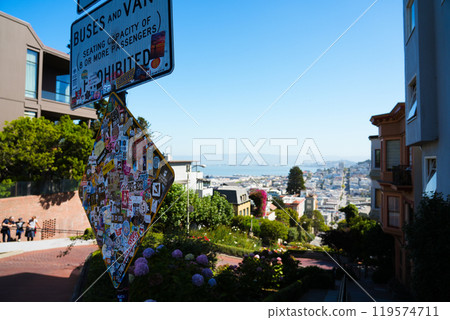 Lombard Street and its sticker-covered sign (San Francisco, USA) Lombard Street and its sticker-covered sign (San Francisco, USA) 119574711
