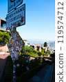Lombard Street and its sticker-covered sign (San Francisco, USA) 119574712
