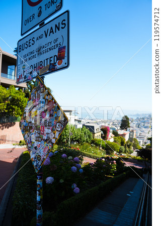 Lombard Street and its sticker-covered sign (San Francisco, USA) Lombard Street and its sticker-covered sign (San Francisco, USA) 119574712