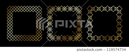 Gold thin frame set. Golden square borders in art deco style. Thin linear radiance rectangle element collection. Luxury shiny glowing boarder pack. Vector bundle for photo, cadre, poster, card, banner 119574734