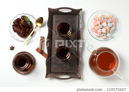 Turkish tea in a transparent glass teapot Turkish tea in a transparent glass teapot 119575007