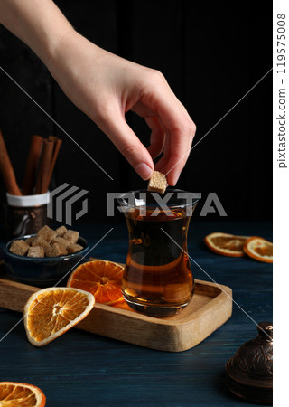 Hot Turkish tea in a transparent glass 119575008